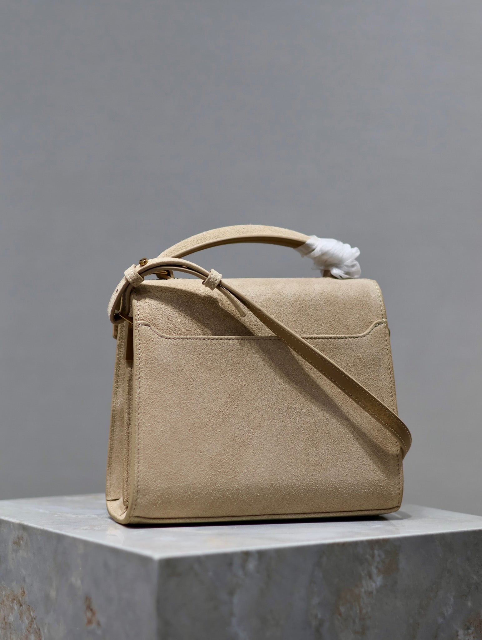 CASSANDRA MINI TOP HANDLE BAG 20 IN BEIGE SUEDE GOLD HARDWARE