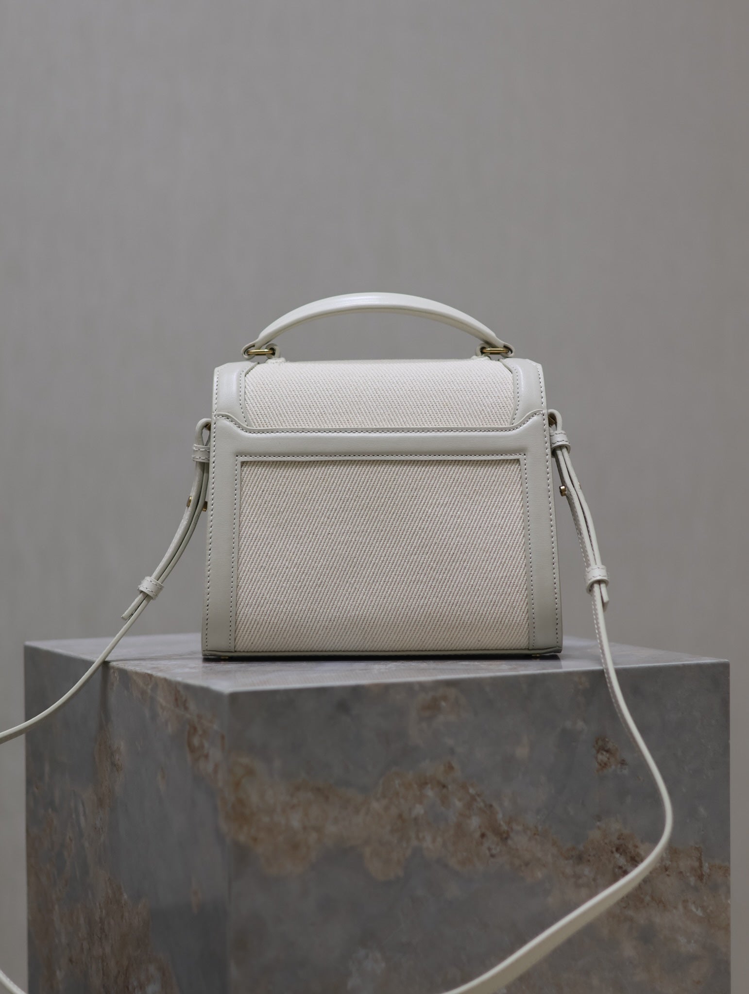CASSANDRA MINI TOP HANDLE BAG 20 IN WHITE CANVAS AND LEATHER TRIM
