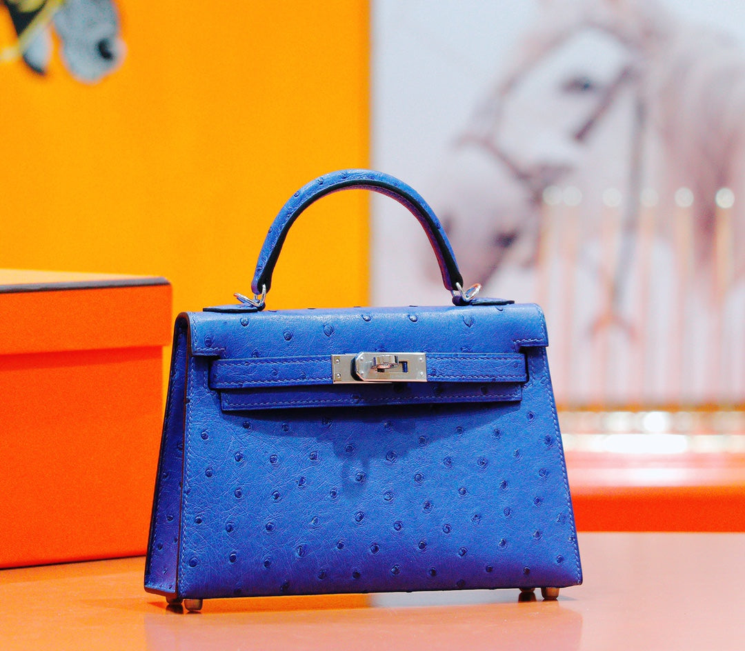 HM Mini Kelly 19cm Greek Blue Ostrich Silver Hardware