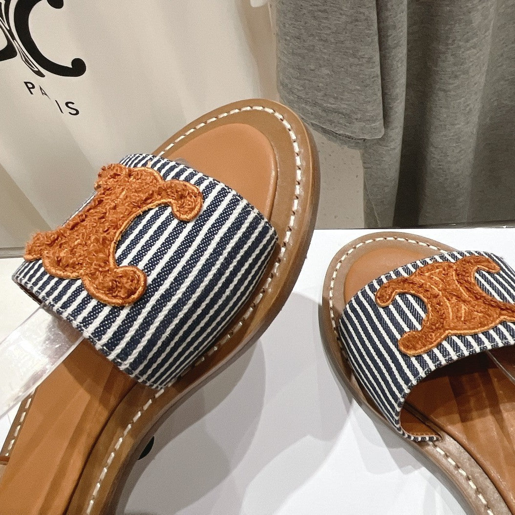LYMPIA SANDAL IN TRIOMPHE MACCRAMÃ‰ COTTON & CALFSKIN BRONZE BROWN/NAVY