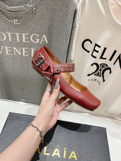 Alaila Biker Ballet Flats In Brown Red Cowhide 911440