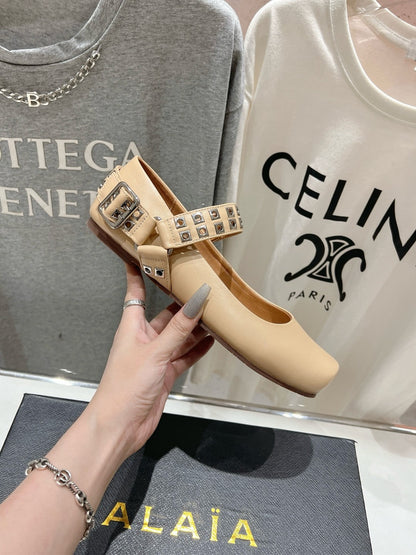 Alaila Biker Ballet Flats In Beige Cowhide 911448