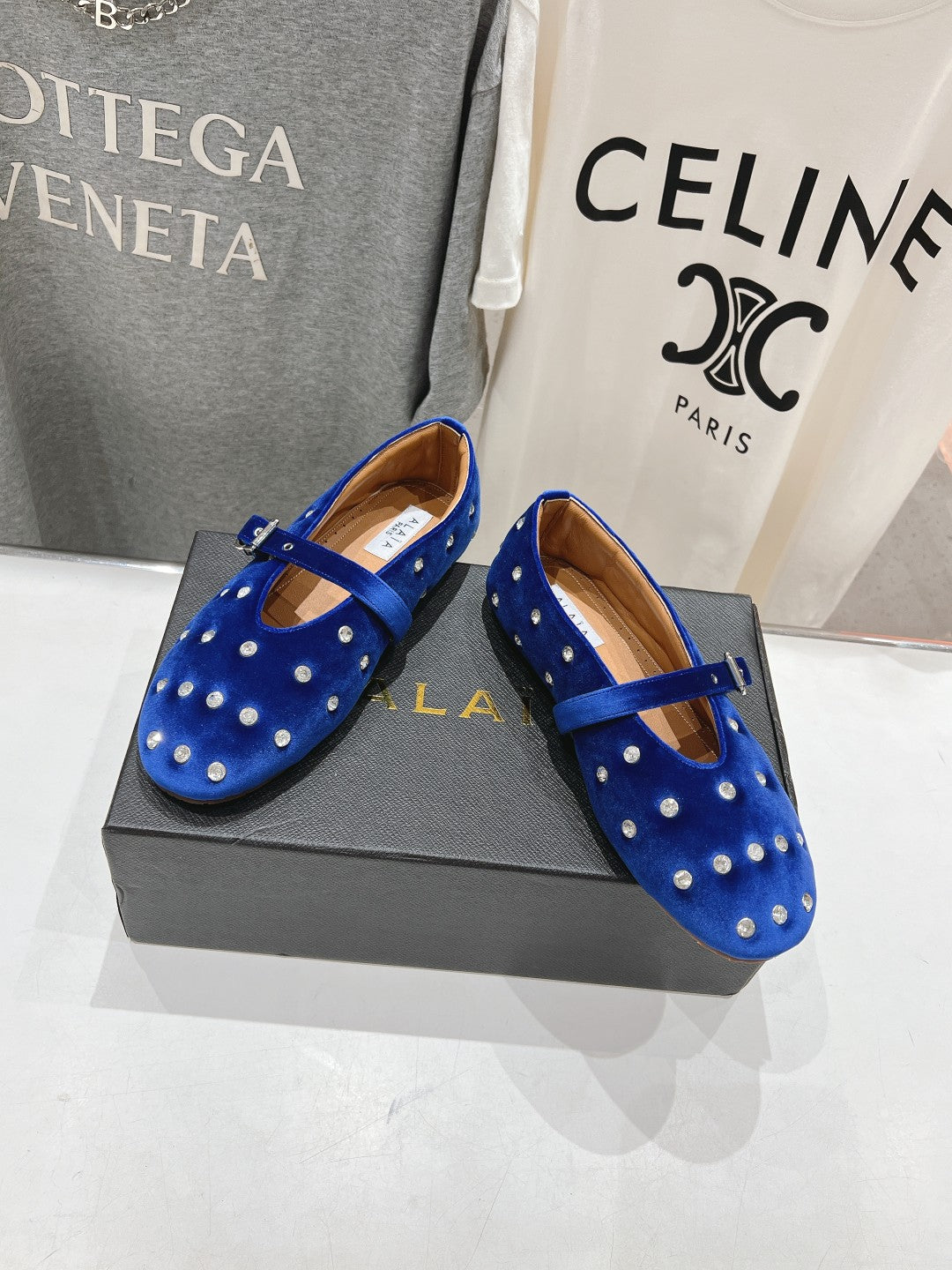 Alaila Ballet Flats In Dark Blue Velvet With Rhinestones 971996