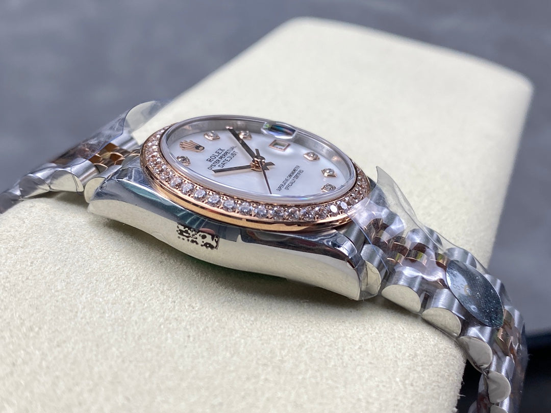 Datejust 28mm Pink Gold Steel Diamond Bezel White Mop Dial