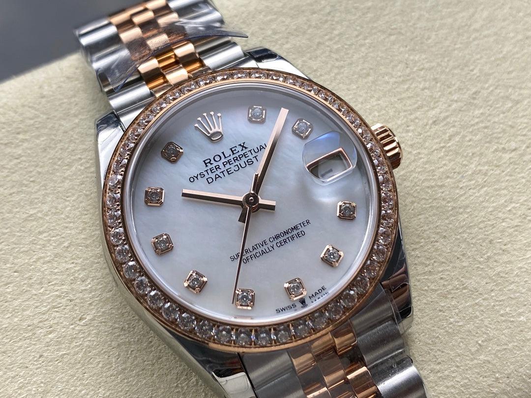 Datejust 28mm Pink Gold Steel Diamond Bezel White Mop Dial
