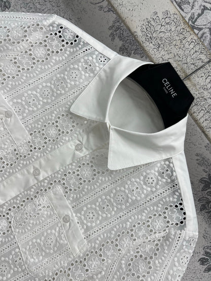 Celine 25 Lace Short Shirt White Cotton