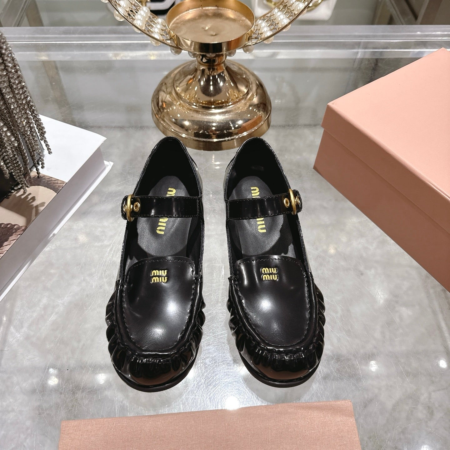 Miu Mary Jane Ballet Flats Black Calfskin 592043