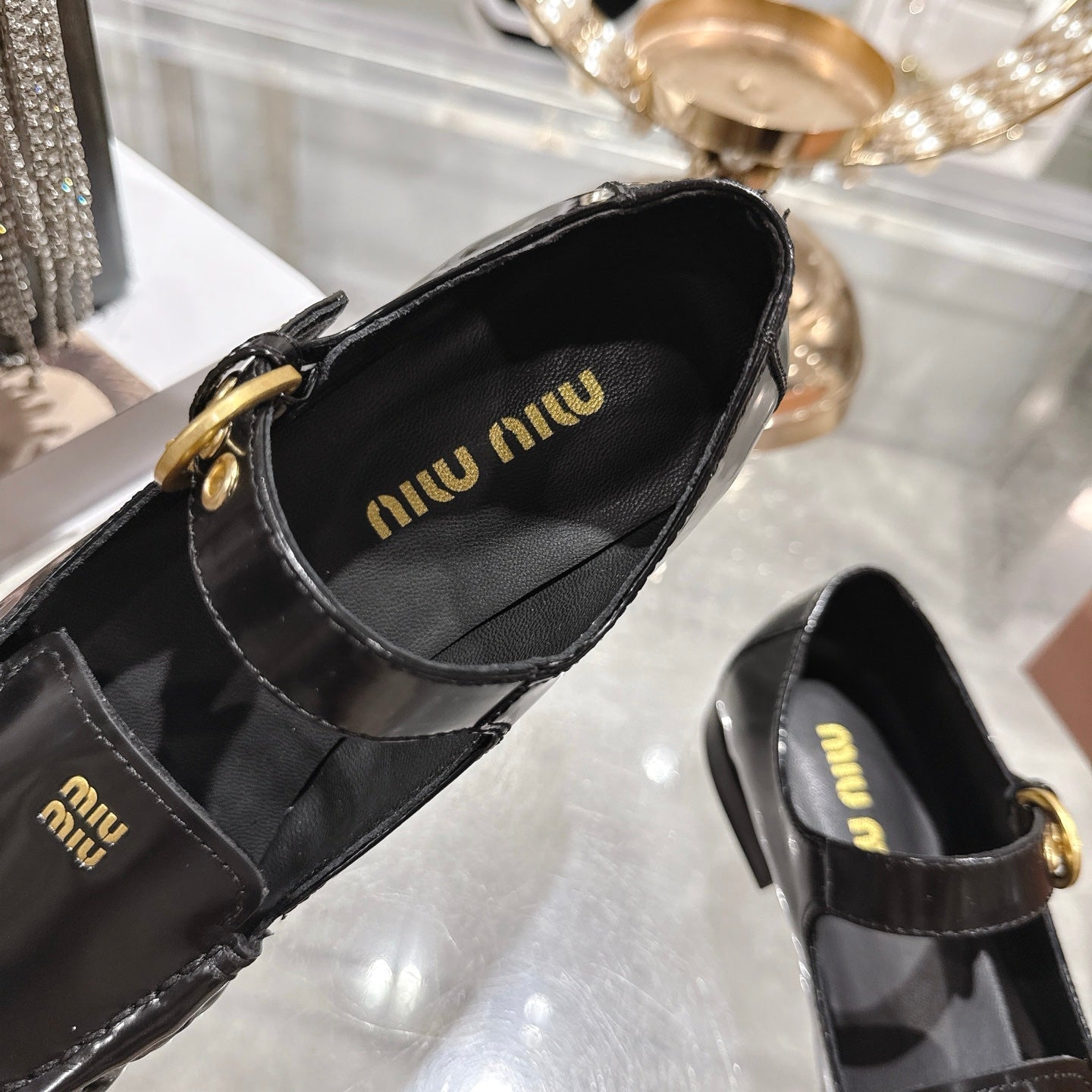 Miu Mary Jane Ballet Flats Black Calfskin 592043