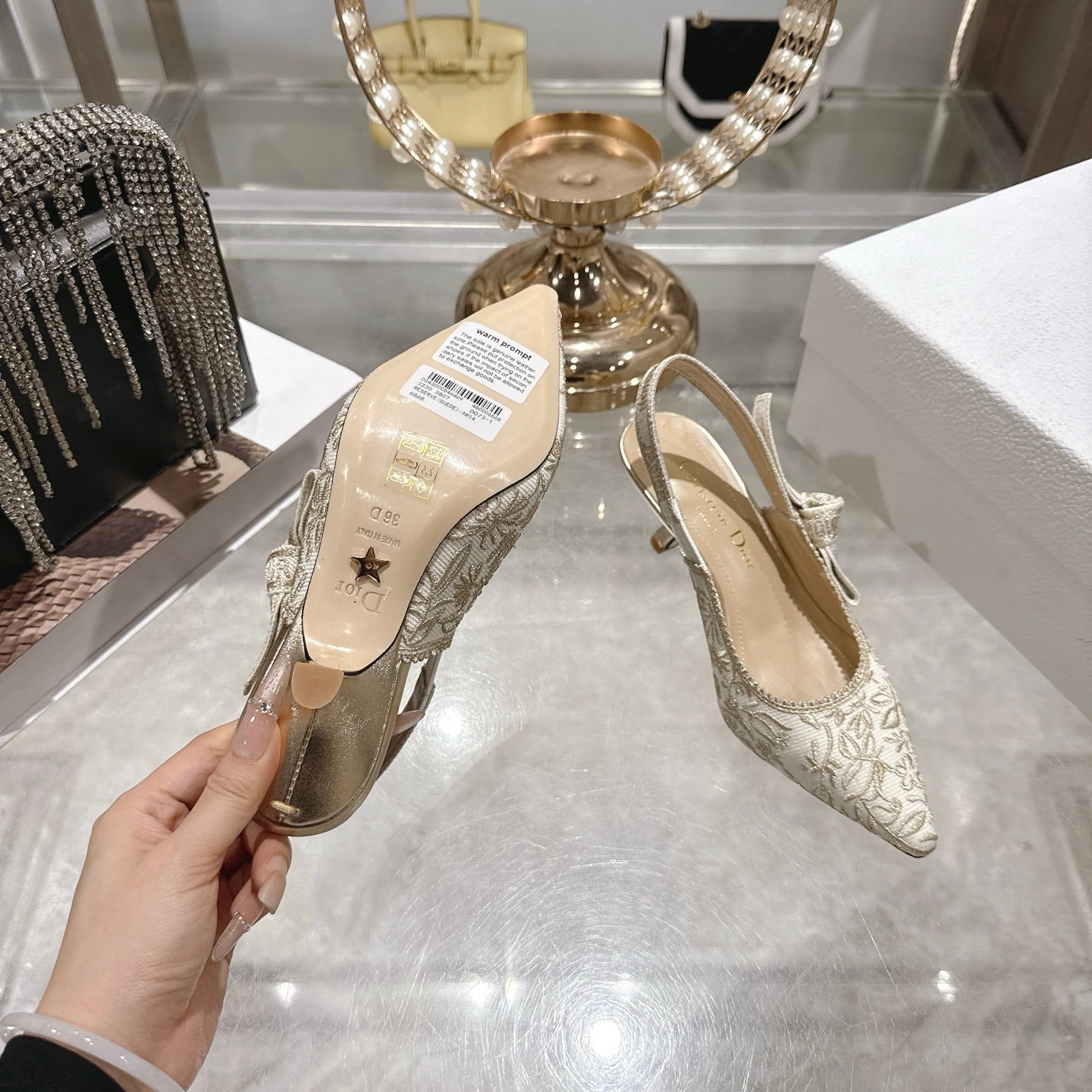 CD 26 Slingback Metallic Floral Embroidery 45mm Ivory Gold Tweed 592234