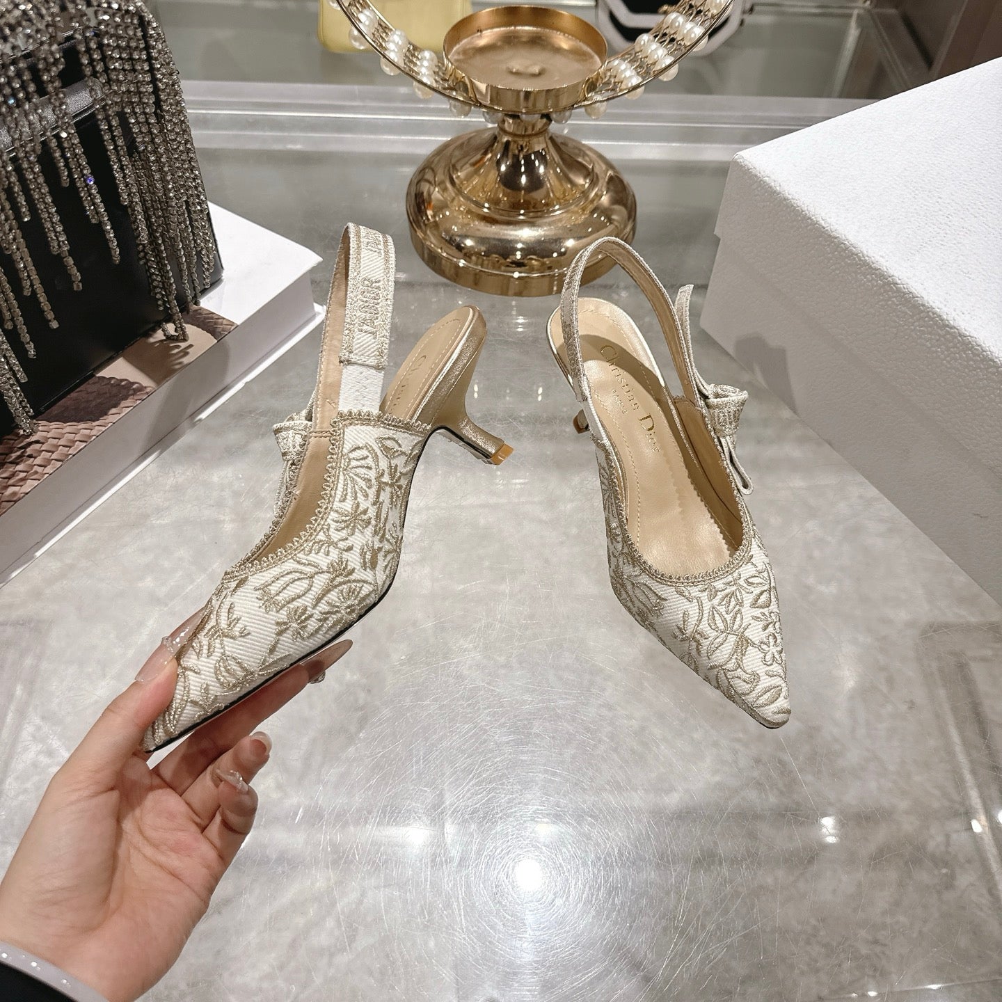 CD 26 Slingback Metallic Floral Embroidery 45mm Ivory Gold Tweed 592234