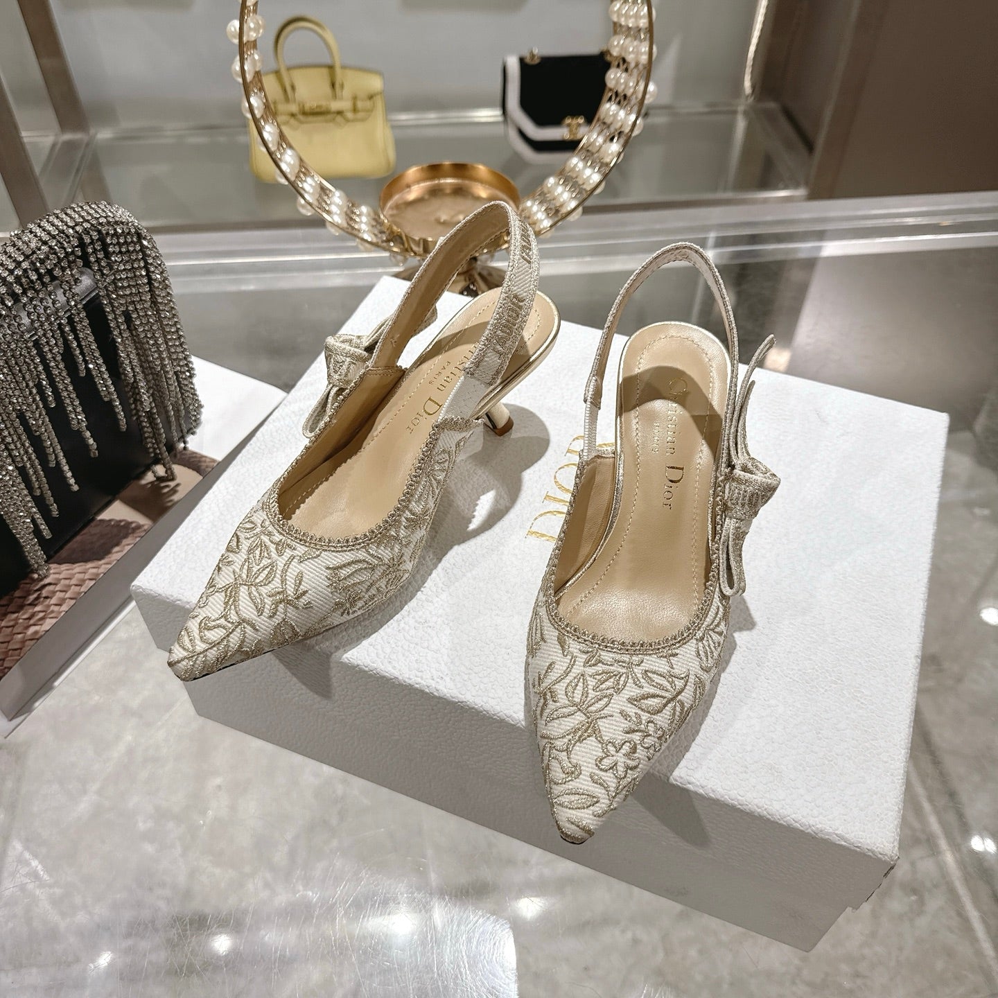 CD 26 Slingback Metallic Floral Embroidery 45mm Ivory Gold Tweed 592234