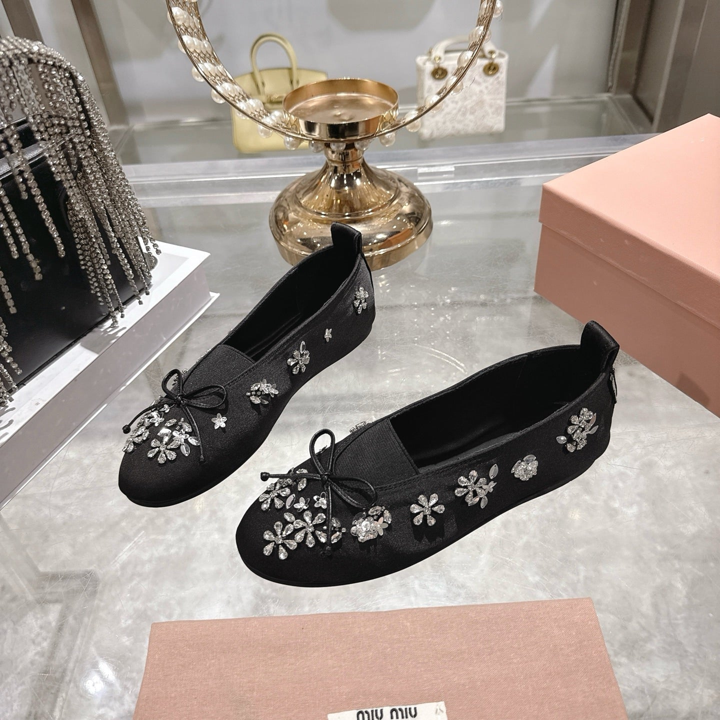 Miu 26 Ballet Flats with Crystal Rhinestones Black Silk Satin 592106