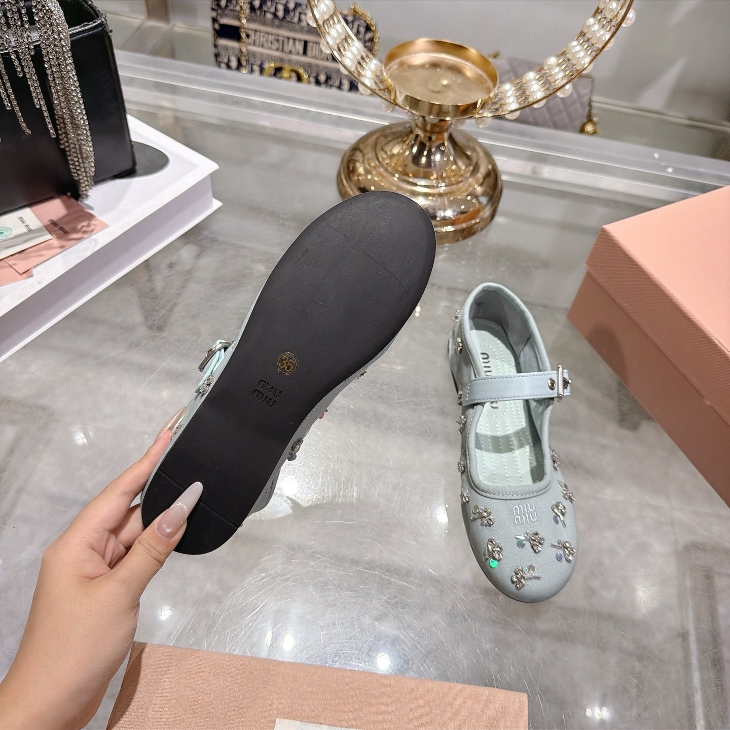 Miu Miu 2026 Ballet Flats With Rhinestone Embellishment 185550
