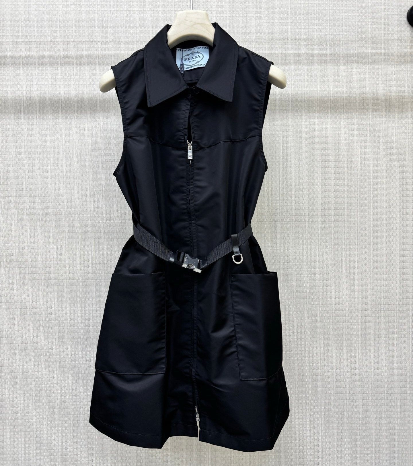 Prada 2026 Belted Sleeveless Utility Dress Black Polyamide 399118