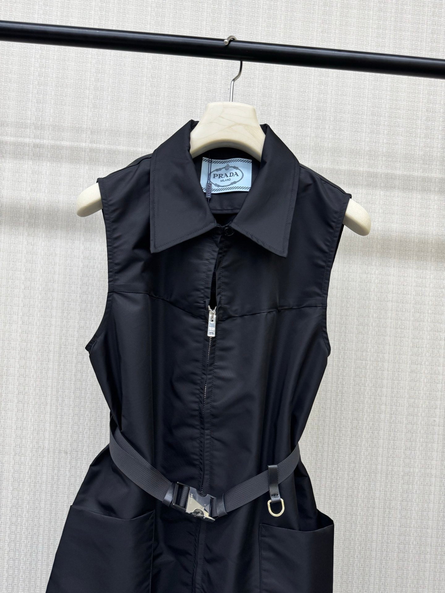 Prada 2026 Belted Sleeveless Utility Dress Black Polyamide 399118
