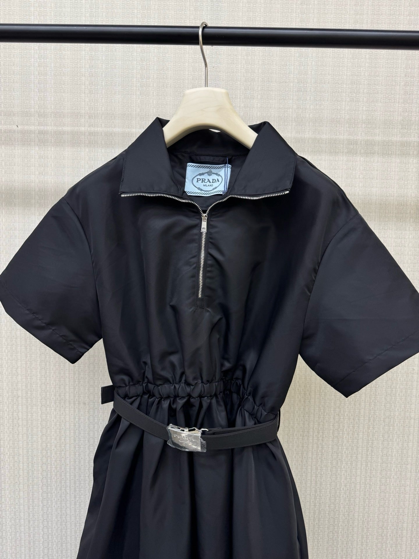 Prada 2026 Half-Zip Belt Dress Black Polyamide 399129