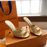 LV 26s High Heels 95 Slippers Gold Metallic Sheepskin 614989