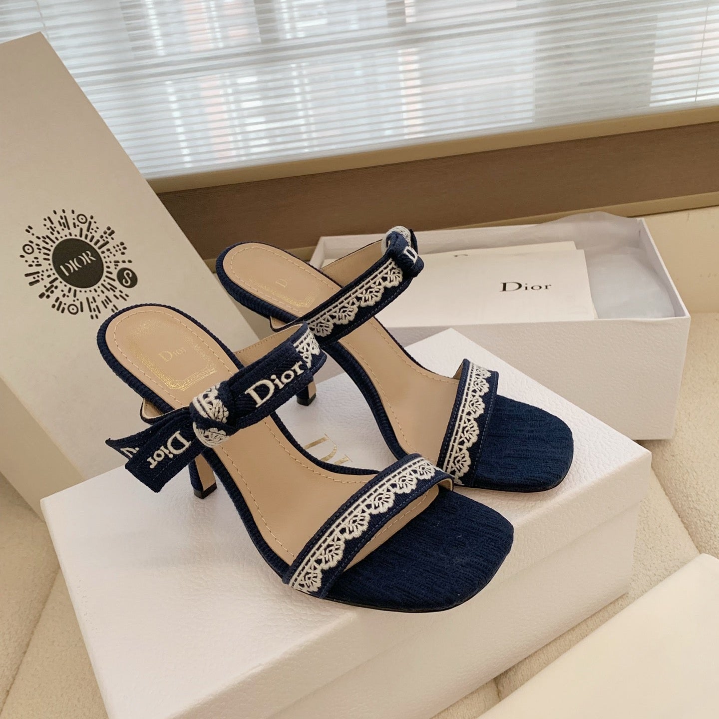 CD 26s High Heel Sandal 100 Navy Blue Canvas Sheepskin  664177