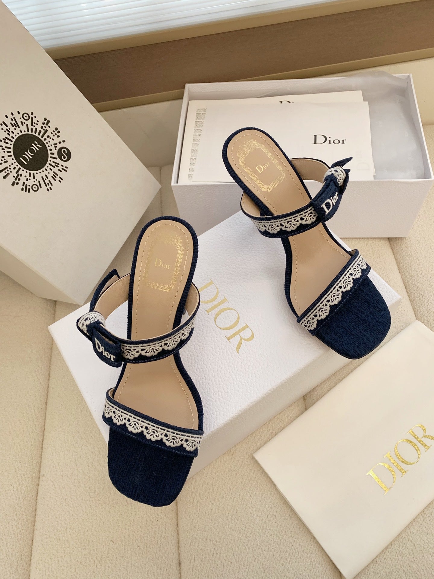 CD 26s High Heel Sandal 100 Navy Blue Canvas Sheepskin  664177