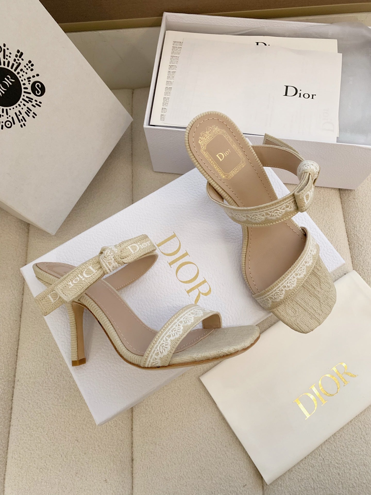 CD 26s High Heel Sandal 100 Beige Canvas Sheepskin  664179