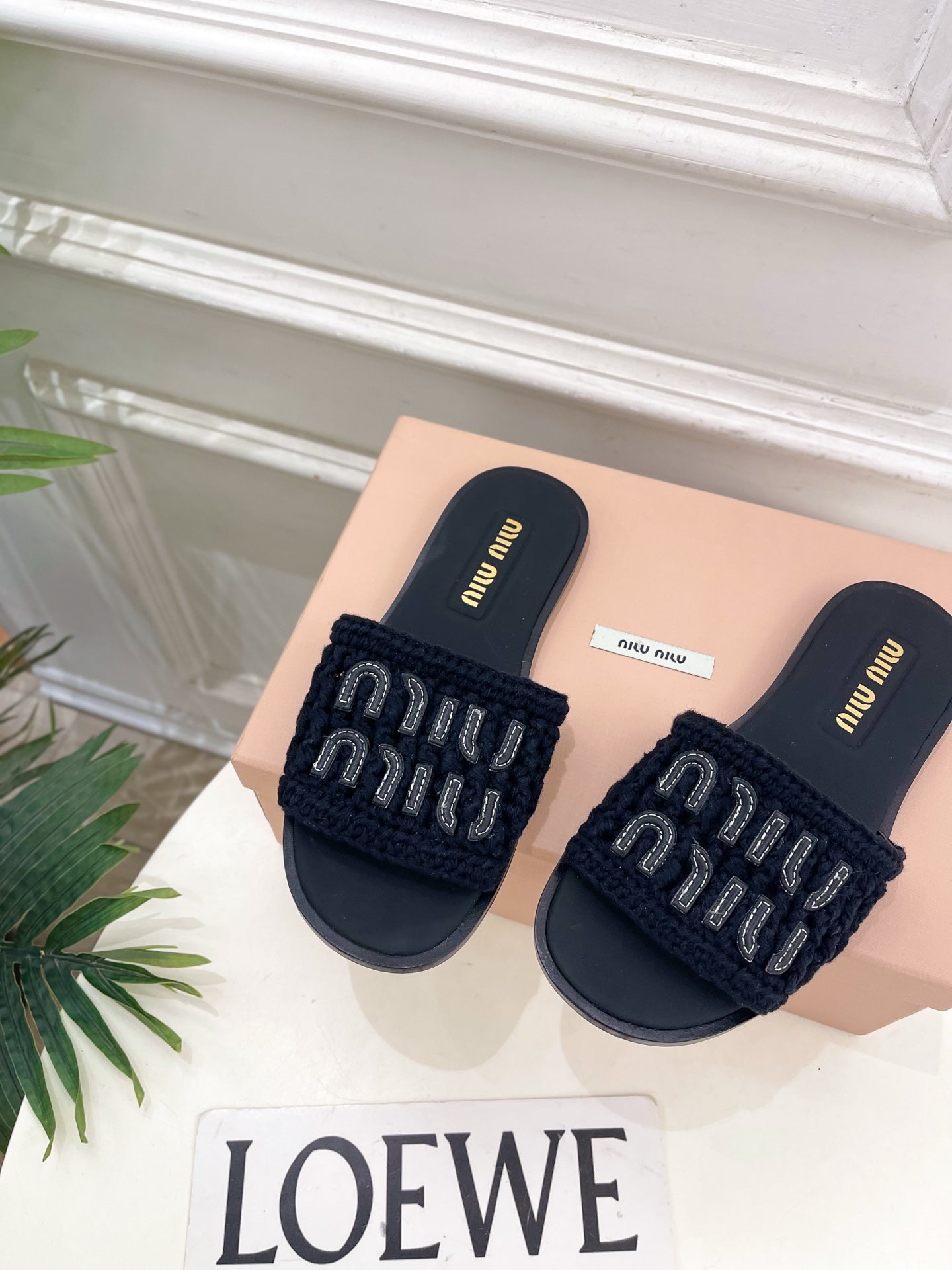 MIU Flat Slippers Black Knitted Fabric Sheepskin 631914