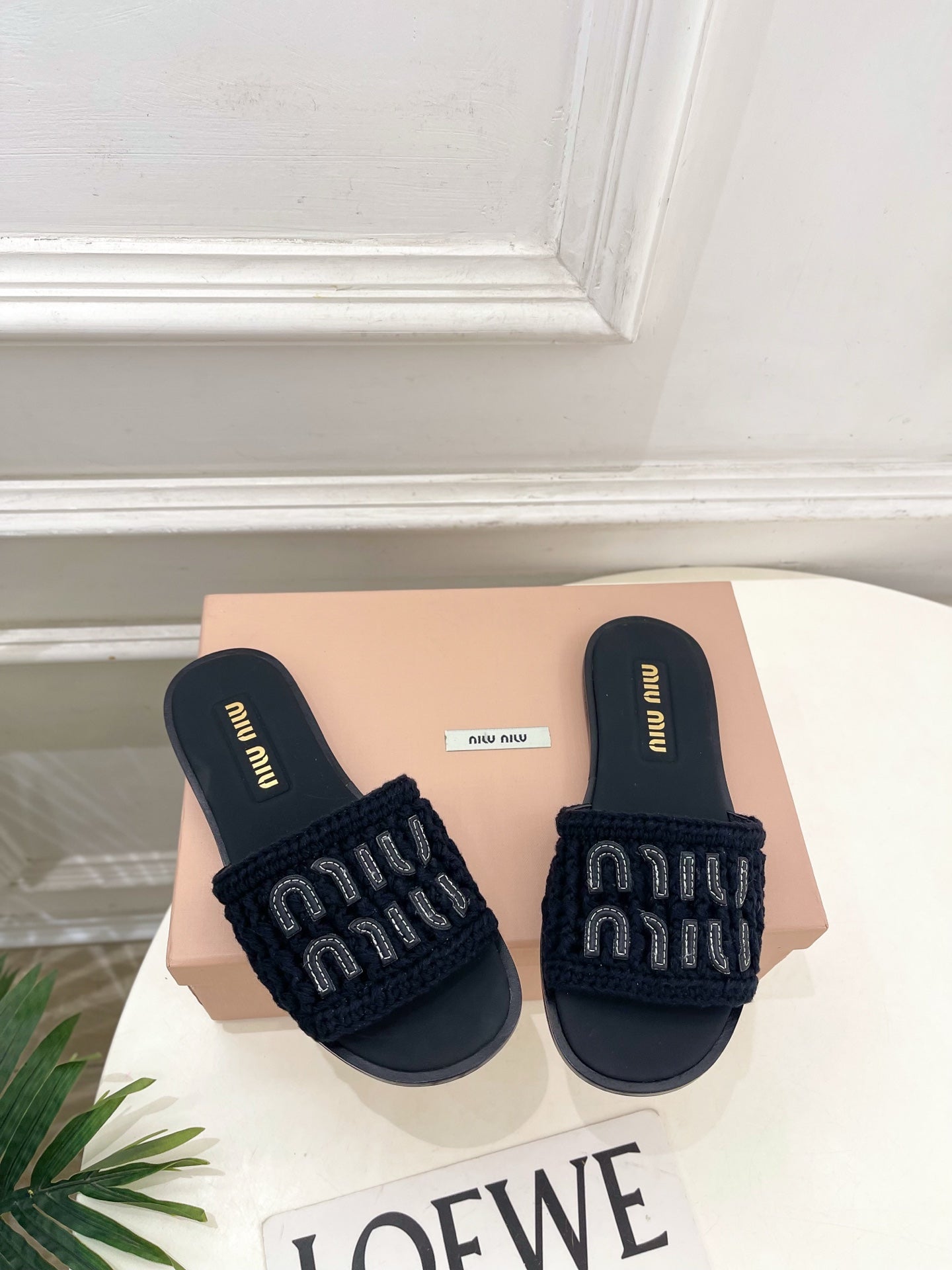 MIU Flat Slippers Black Knitted Fabric Sheepskin 631914