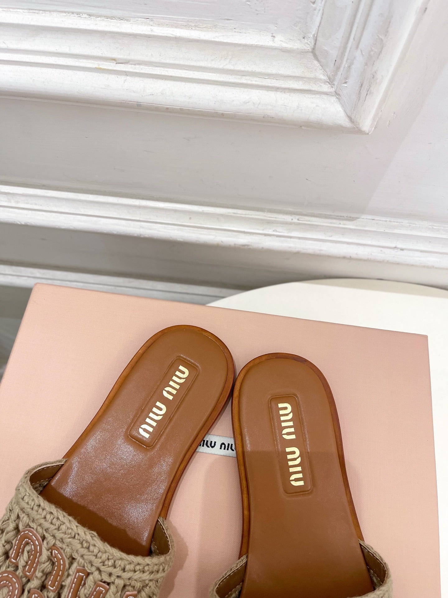 MIU Flat Slippers Brown Knitted Fabric Sheepskin 631915