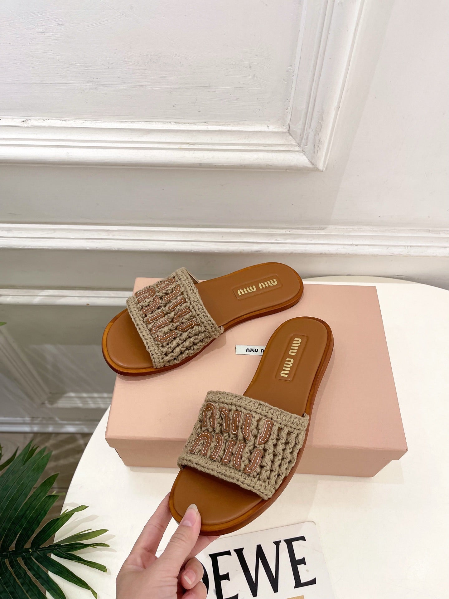 MIU Flat Slippers Brown Knitted Fabric Sheepskin 631915