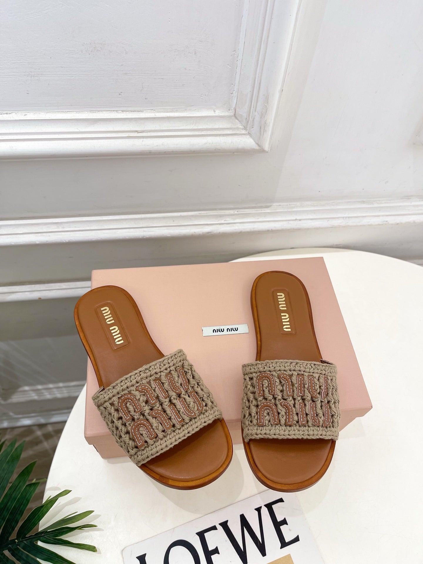 MIU Flat Slippers Brown Knitted Fabric Sheepskin 631915