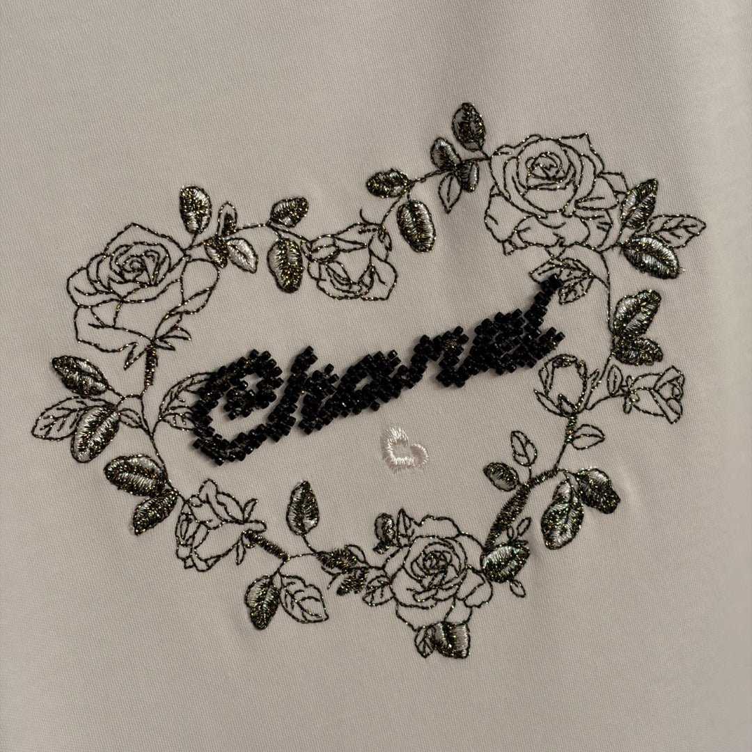 Chanel 2026 Rose Heart Embroidered T-shirt White Black Cotton 150138