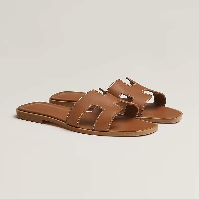 Hermes 0ran Slide Sandal Brown Leather