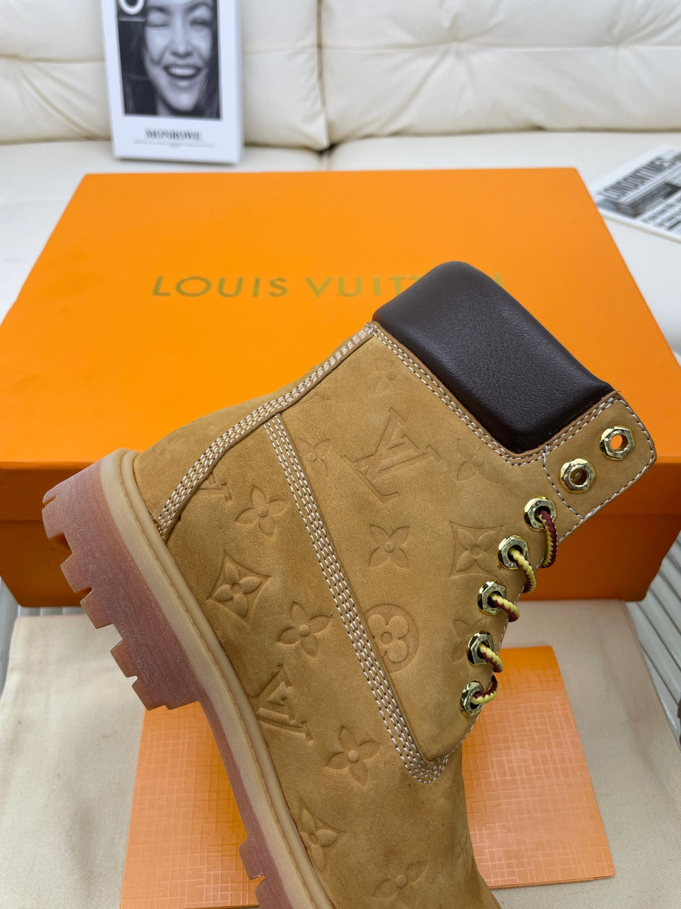 LV x Timberland Ankle Boot 50mm Brown Yellow Monogram Nubuck Leather